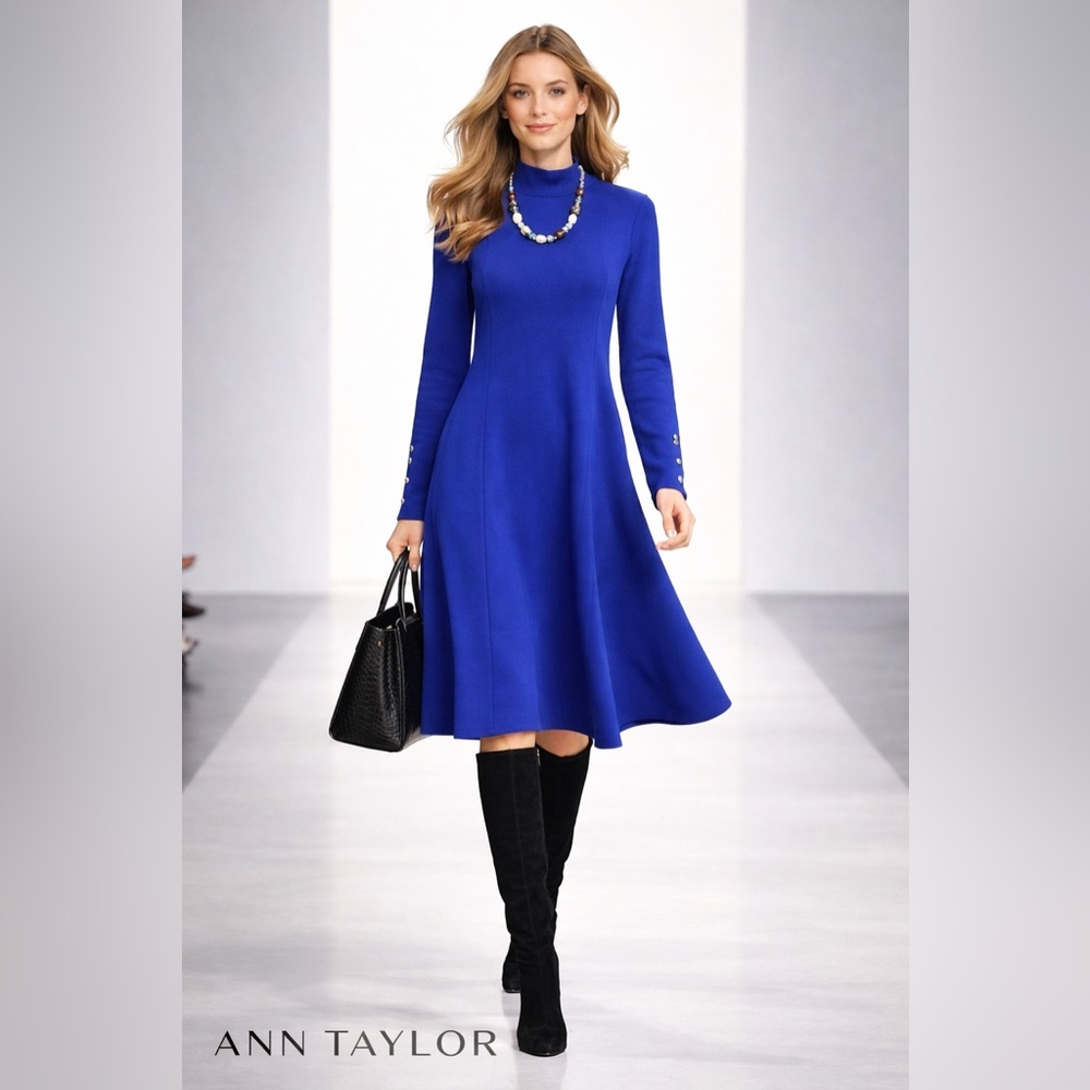 Ann Taylor, Cobalt Blue Knit Swing Dress Mock Neck Back Bow Long Sleeve Size L - Picture 8 of 11